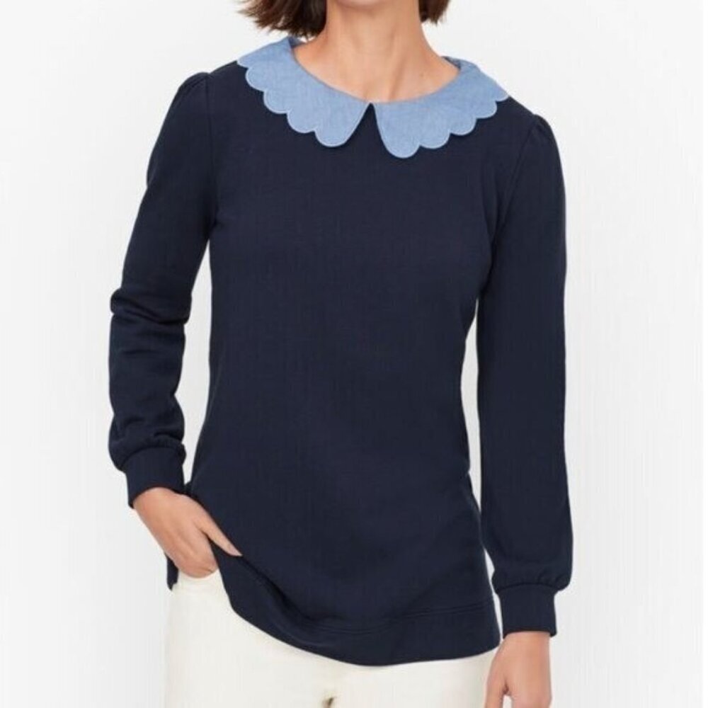 Talbots Women's Plus Size 3X Petite Chambray Collar Sweatshirt Navy Blue Scallop